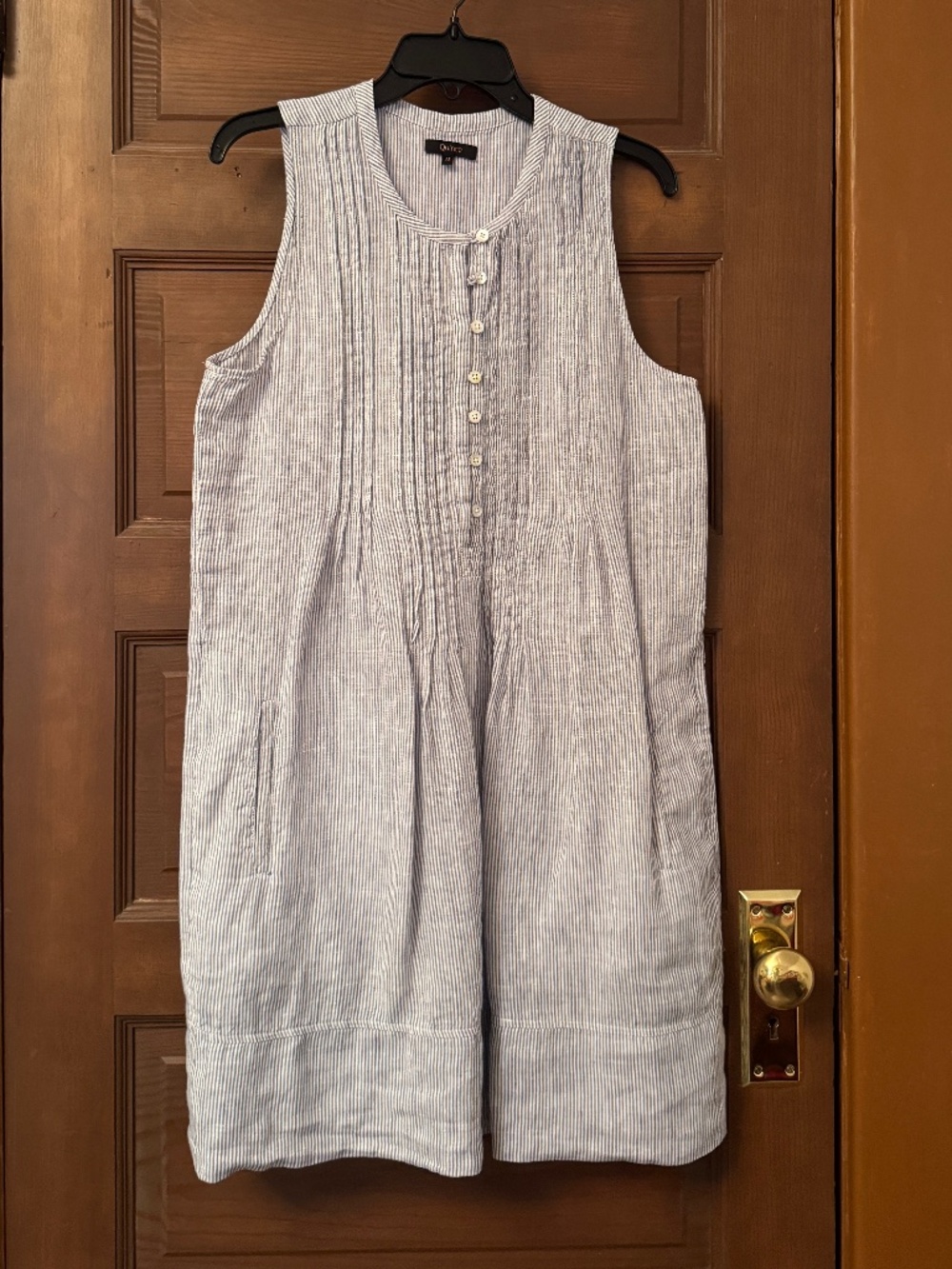 Quince European Linen Sleeveless Swing Dress M Blue Pinstripe Pleated Coastal - Picture 4 of 6